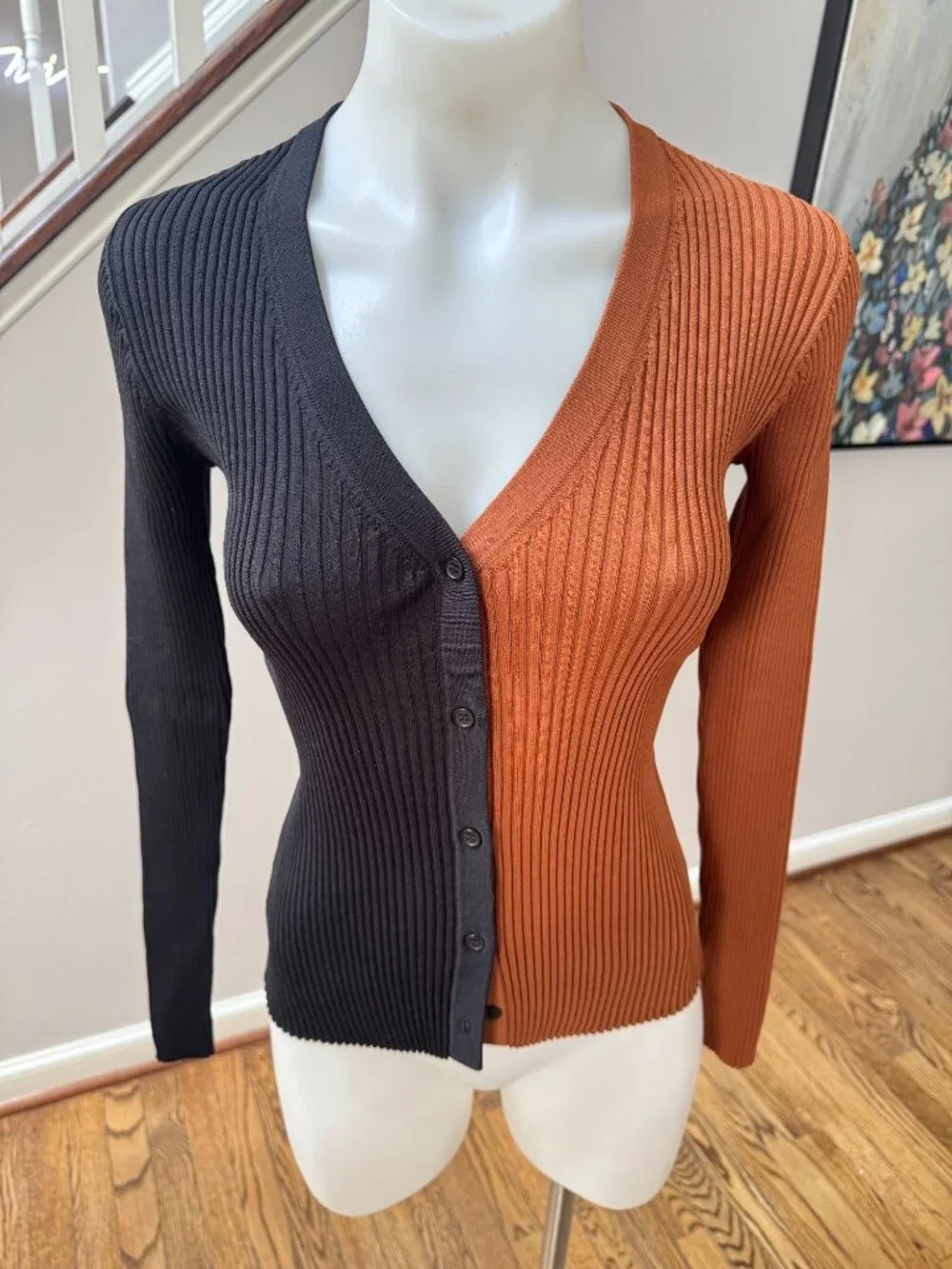 STAUD Cargo Colorblock Cardigan Sweater Tan Black Size Small